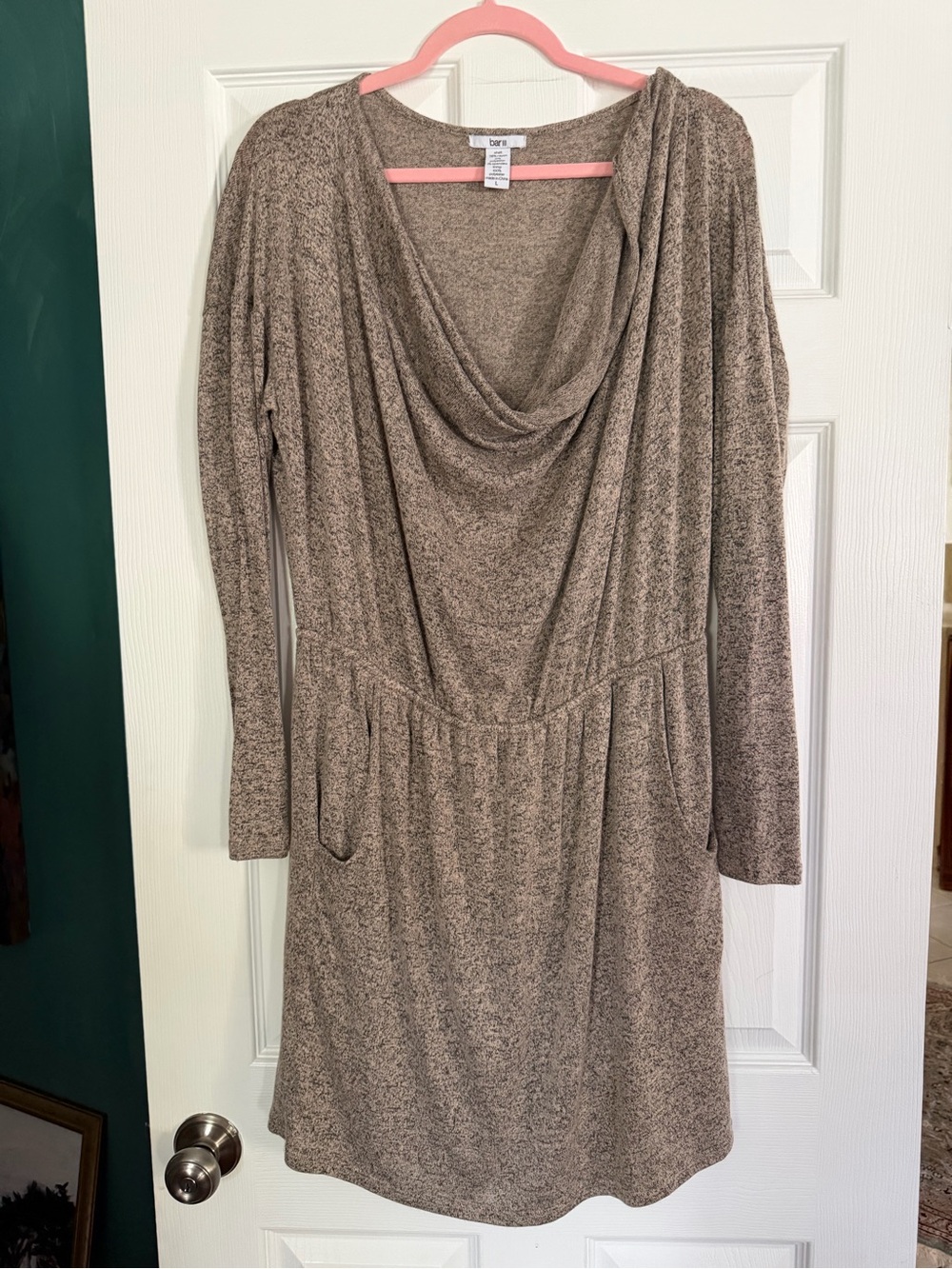 Bar III Taupe Drape Neck Long Sleeve knee lenght Dress